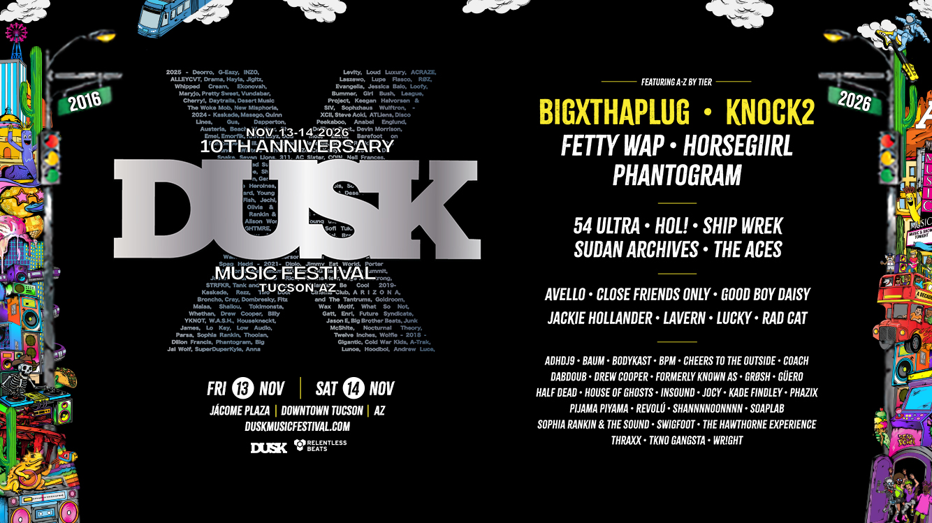 DUSK X 2026 lineup featuring BigXthaPlug, Knock2, Fetty Wap, horsegiirL, Phantogram and more