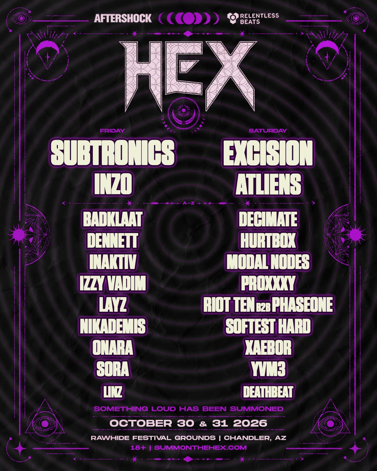 Official HEX 2026 lineup poster with Subtronics and INZO on Friday and Excision and ATLiens on Saturday at Rawhide Festival Grounds